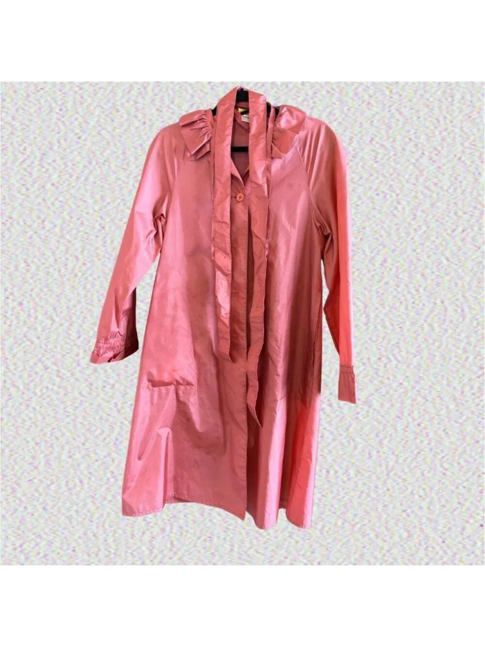 Vintage 1980s Totes Coat Pink Nylon Ruffle Trench Raincoat - Packable Unlined Si - Picture 2 of 12
